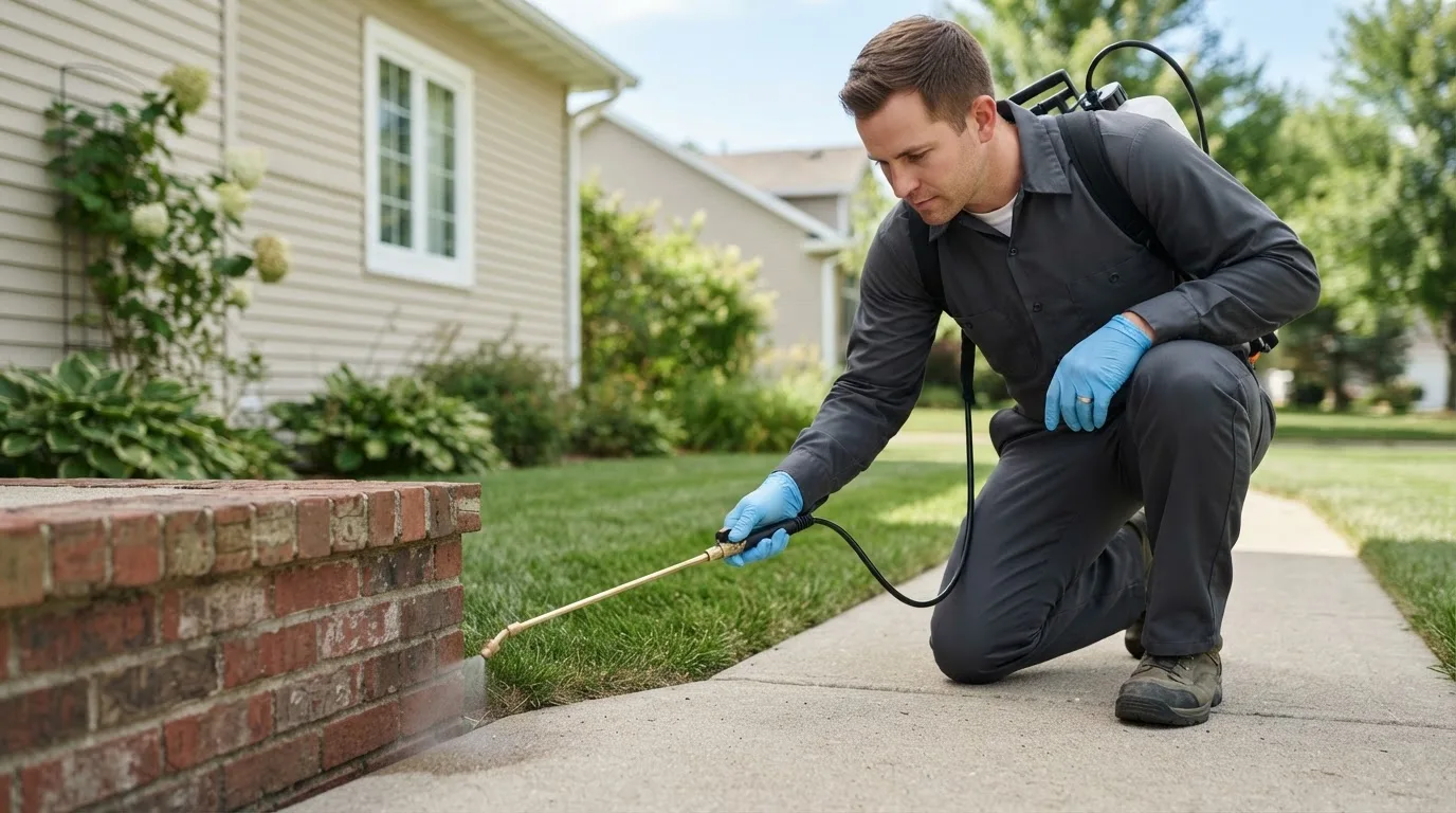 Pest control technician treating a home near South West City, MO
