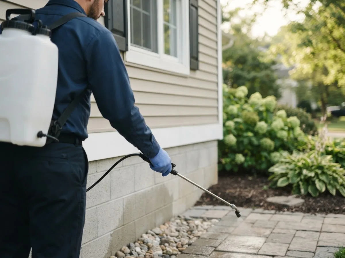 Pest control technician inspecting a home in South West City, MO